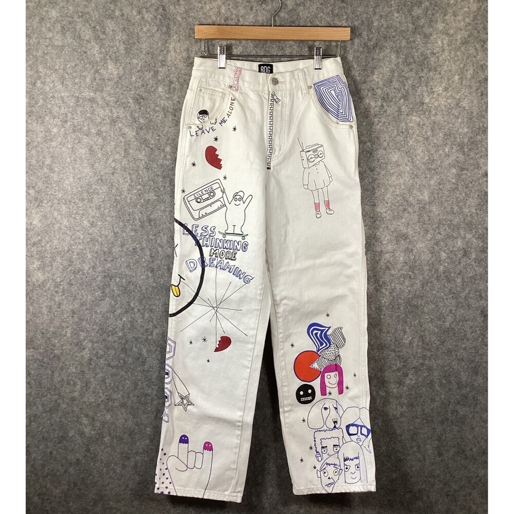 BDG Urban Outfitters High Rise Carpenter Jean Sz 26 Doodle Print Graffiti Ivory